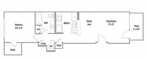 Floor plan for 1 bed, 1 bath, 687 sqft